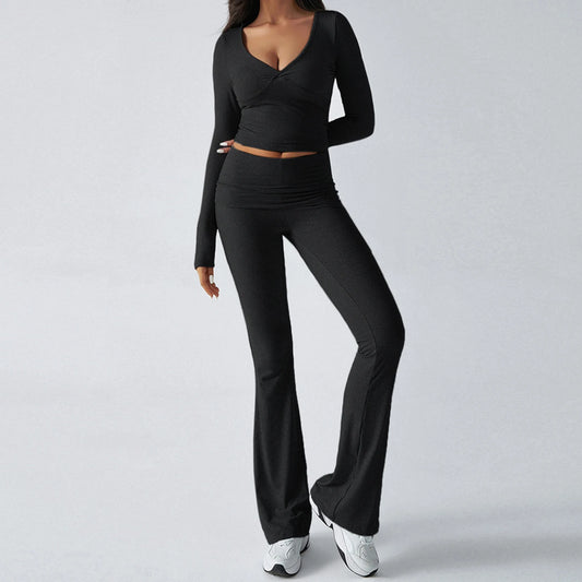 Women 2Pcs Exercise Gym Sets Activewear Knit V-Neck Tracksuit Crop Long Sleeves Tops Elastic Flared Pants Fitness Workout Sets