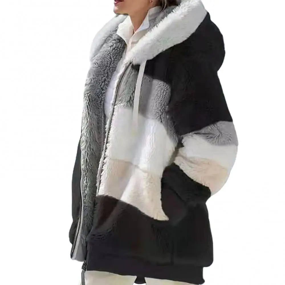 Fleece Women Parkas Autumn Winter Long Sleeve Color Block Zipper Fluff Hooded Warm Coat Jacket