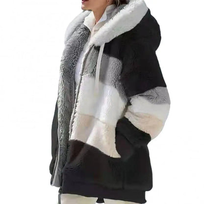 Fleece Women Parkas Autumn Winter Long Sleeve Color Block Zipper Fluff Hooded Warm Coat Jacket