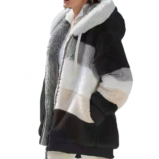 Fleece Women Parkas Autumn Winter Long Sleeve Color Block Zipper Fluff Hooded Warm Coat Jacket