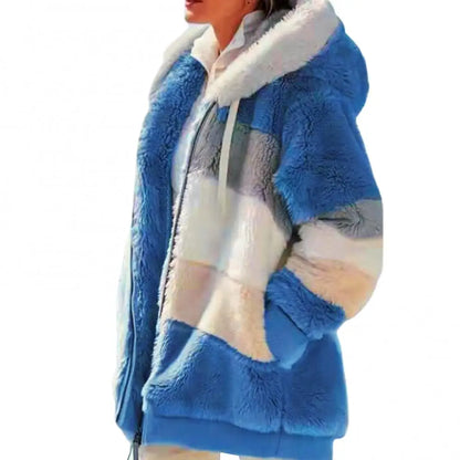 Fleece Women Parkas Autumn Winter Long Sleeve Color Block Zipper Fluff Hooded Warm Coat Jacket