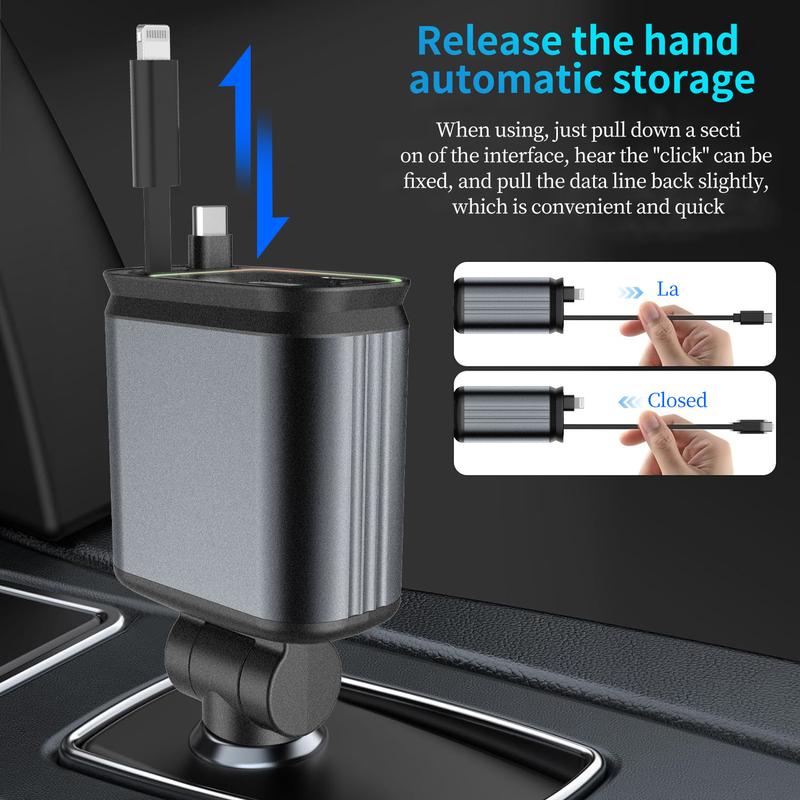 Starlight in Roof Retractable Charger with Lightning Cable, Dual Charge Port ,  -Automotive 4-In-1 Car Charger 