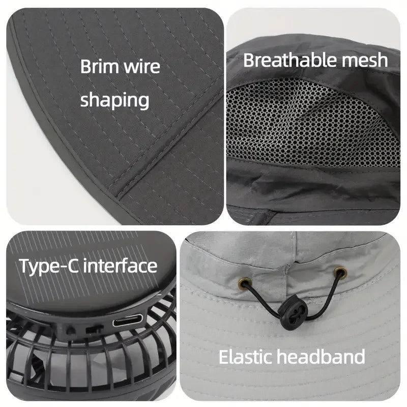 Mens Quick Dry Bucket Hat Large Size Sun Hat with Solar Powered Fan USB Rechargeable for Outdoor Hiking Camping Fishing Activity