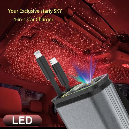 Starlight in Roof Retractable Charger with Lightning Cable, Dual Charge Port ,  -Automotive 4-In-1 Car Charger 