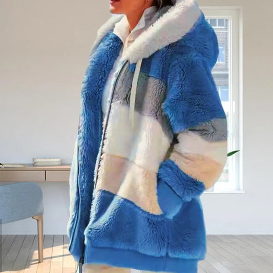 Fleece Women Parkas Autumn Winter Long Sleeve Color Block Zipper Fluff Hooded Warm Coat Jacket