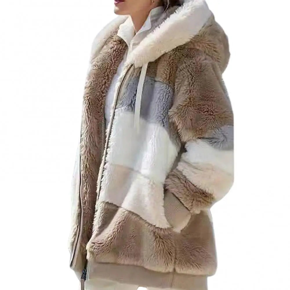 Fleece Women Parkas Autumn Winter Long Sleeve Color Block Zipper Fluff Hooded Warm Coat Jacket