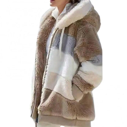 Fleece Women Parkas Autumn Winter Long Sleeve Color Block Zipper Fluff Hooded Warm Coat Jacket